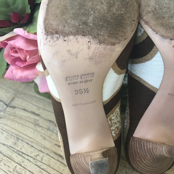 Miu Miu Gold Brown and Green Fabric High Heels Size 35 1/2 (but fit like size 6) - Picture 10 of 10